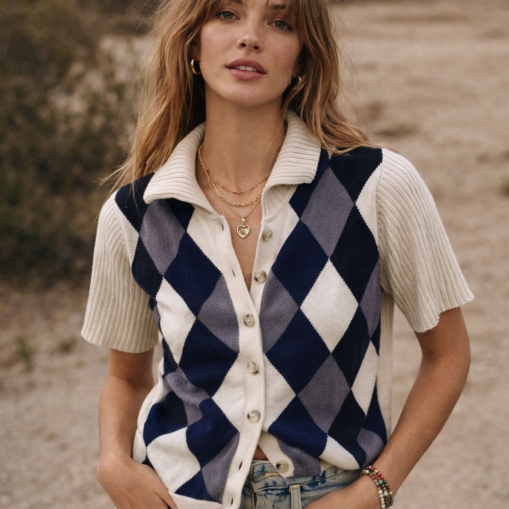 Vintage Argyle Knit Button-Up Top | Academia Cropped Polo Sweater Vest Style